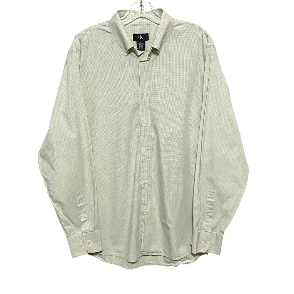 Calvin Klein Green Mini Check Button Shirt Mens L Preppy Office Career Neutral